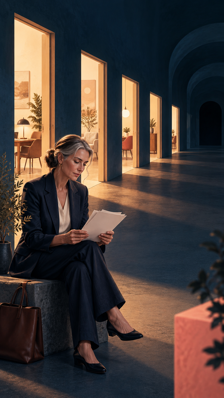 A seated candidate holding papers beside a row of warmly lit offices in a dark corridor, suggesting an interview process left without closure.