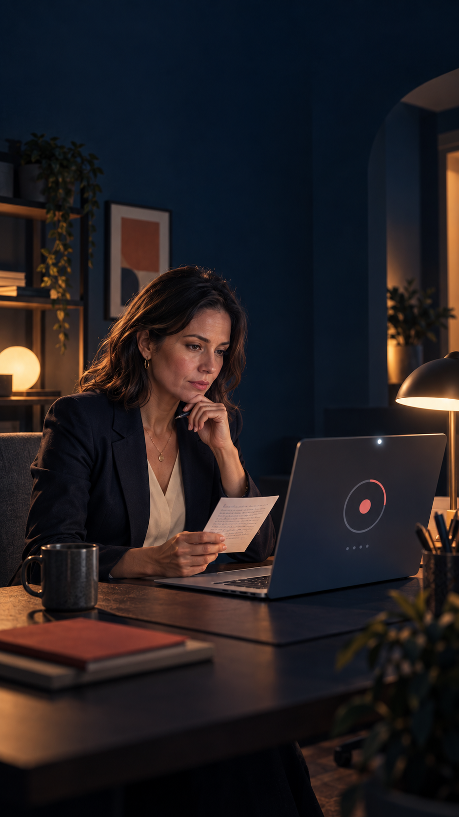 A professional preparing evidence notes beside a laptop with an abstract recording indicator in a dark, warmly lit home workspace.